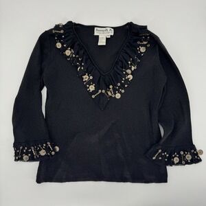 VTG Joseph A Qu'est-Ce Que C'est Beaded Ruffle Sweater Black M Y2K‎ Fairy Whimsy